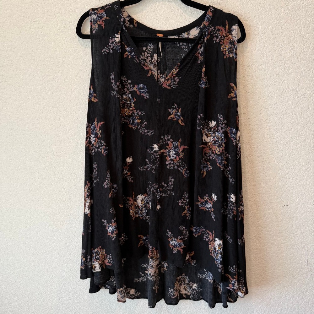 Free People Black Floral Crinkle Gauze Sleeveless V-Neck Tunic Top XS